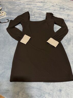 Black Long-Sleeve Mini Dress with Rhinestone Cuffs